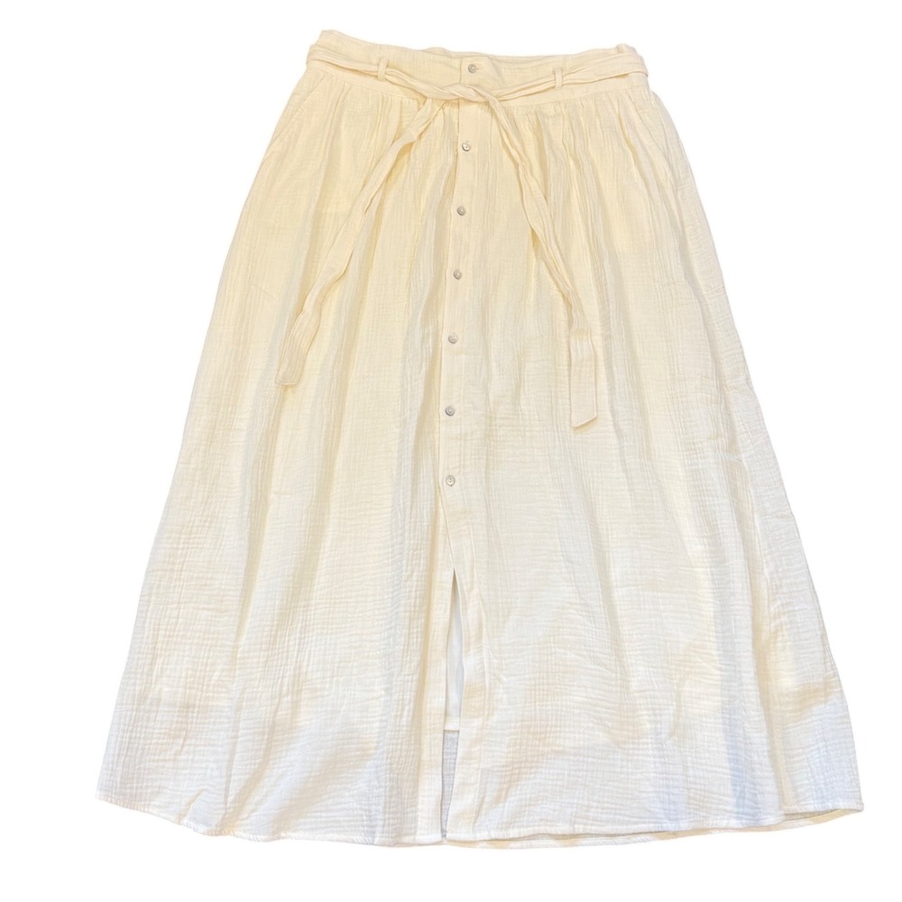 Marled Cream Cotton Gauze Button Front Maxi Skirt Lined Tie Waist Large